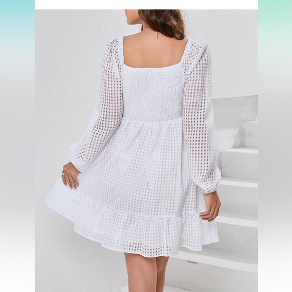 Womens Puff Sleeve Square Neck Puffy Dress Babydoll Mesh Mini Dress L - Picture 5 of 5